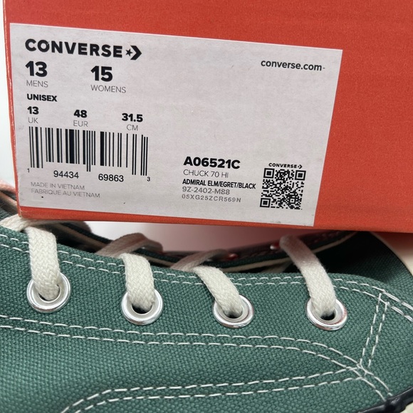 Converse Men's A06521C
CHUCK 70 HI
ADMIRAL ELM/EGRET/BLK Green High-Top Sneakers - Picture 14 of 16